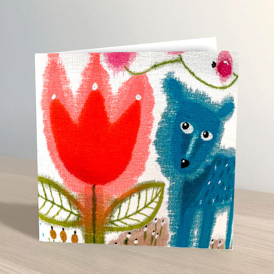 Blue Dog and Red Tulip Greeting Card by Marja-Leena