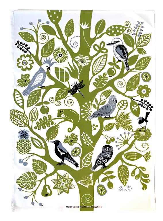 Australian birds in green tree tea towel by Marja-Leena